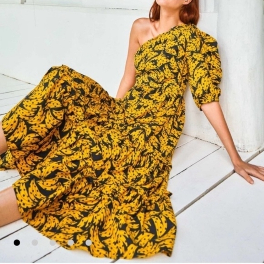 Farm Rio Spotted Bananas Puff One Shoulder Tiered Ruffle Midi Dress Beach S - Picture 3 of 13